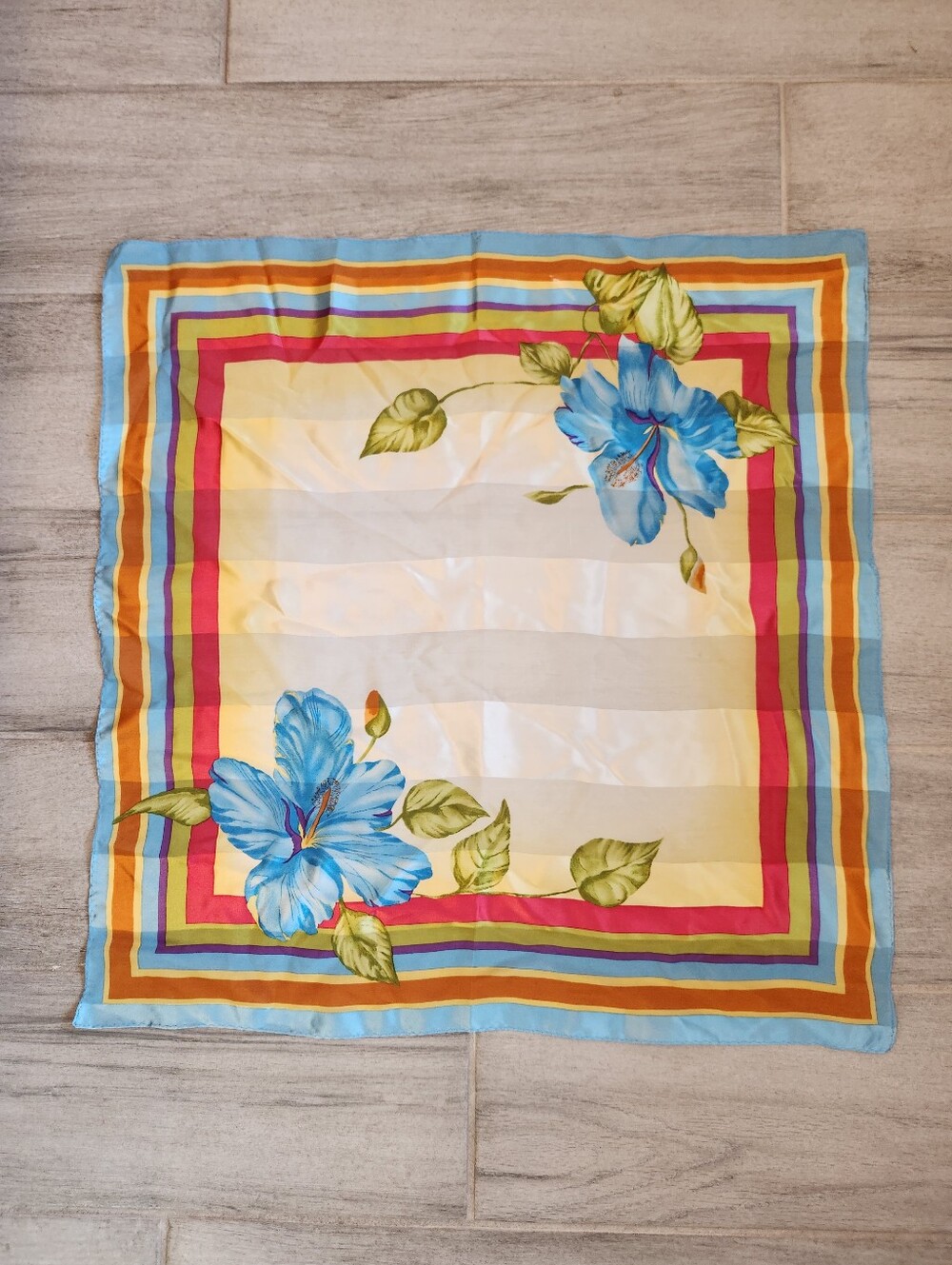 Floral Carre Scarf White Blue Green Square Framed Artsy Classic Bag Hair Neck
